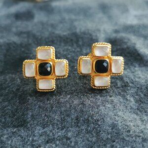Julie Vos Savoy Gold Clear Crystal & Black Obsidian Stud Earrings BRAND NEW